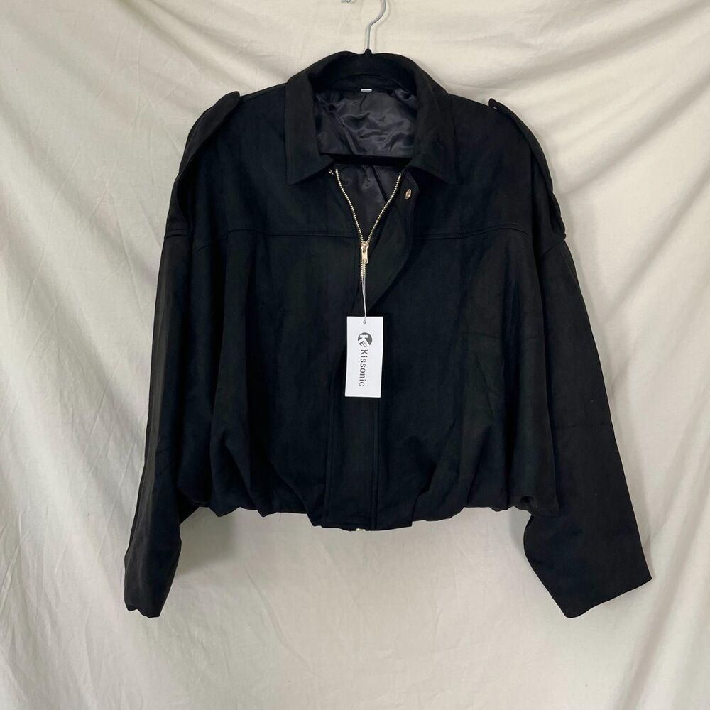 NWT Kissonic Faux Suede Bomber Jacket Oversized Long Sleeve Cropped Coat S - Picture 3 of 8